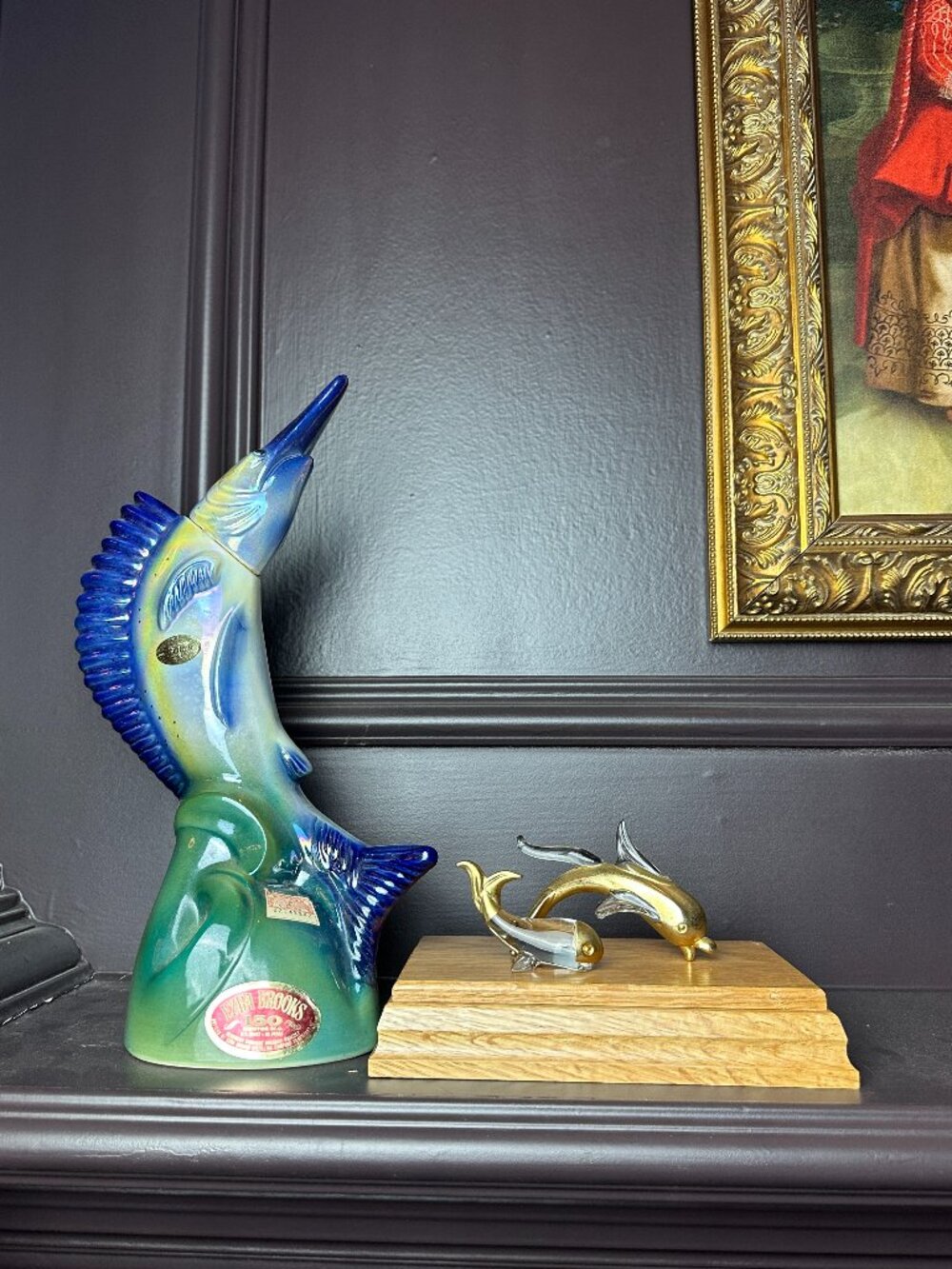 2 Vintage 80s Small Clear Glass Dolphin Figurines with Gold Accents